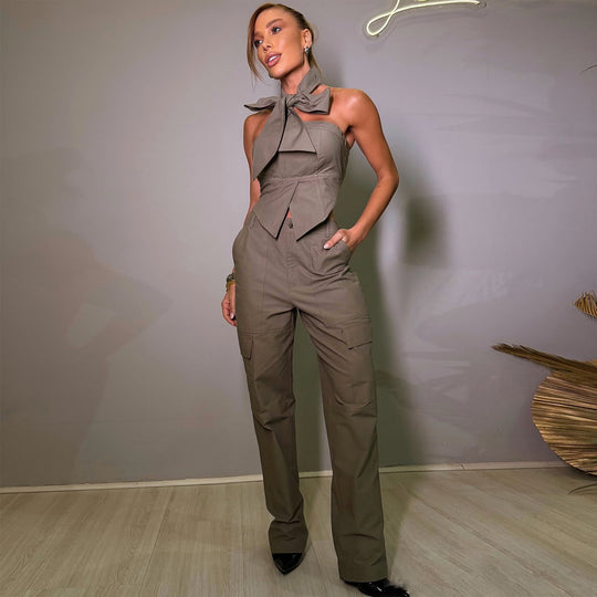 Damen Overall mit elegantem Halsband und praktischen Taschen R&B