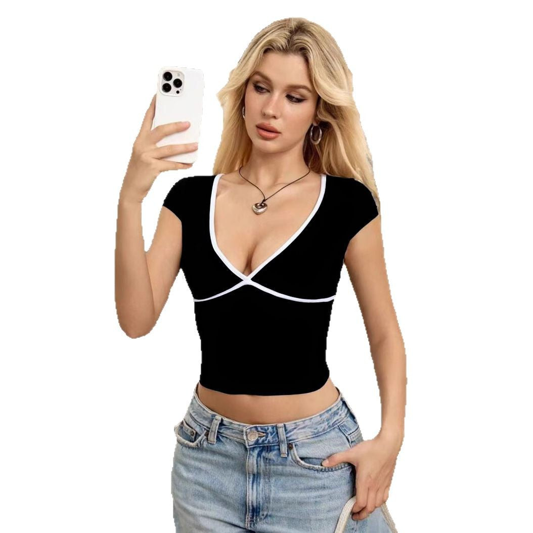 Damen Crop-Top mit V-Ausschnitt und Kontrastbesatz R&B