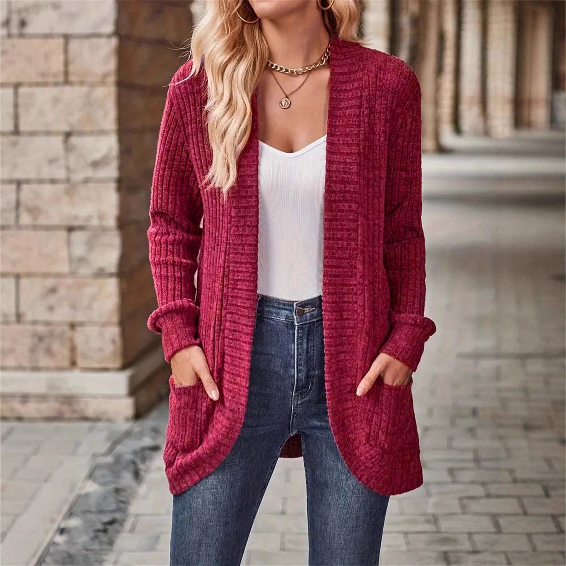 Damen Strickjacke mit offenen Front und praktischen Taschen R&B