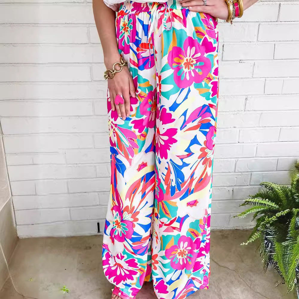 Damen weite Palazzo-Hose mit buntem Blumenmuster und elastischem Bund R&B