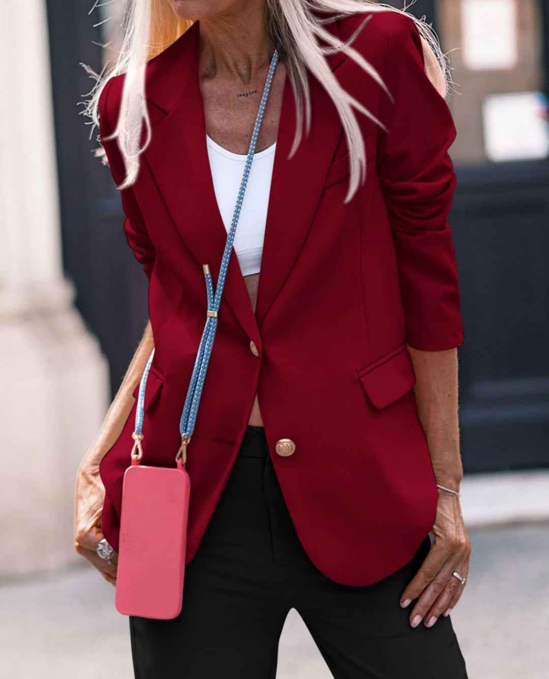 Damen Eleganter Einreiher Blazer mit goldenen Knöpfen und tailliertem Schnitt R&B