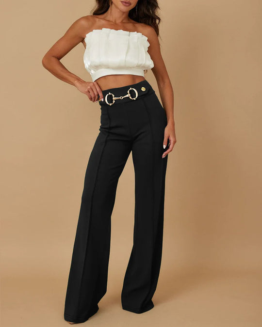 Damen weite Hochtaillenhose mit dekorativem Gürtel und eleganter Nahtführung R&B