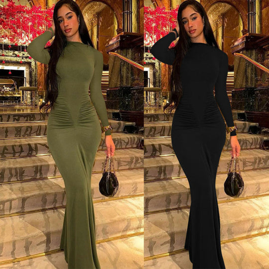 Damen Elegantes Langarm-Maxi-Kleid mit figurformendem Design R&B