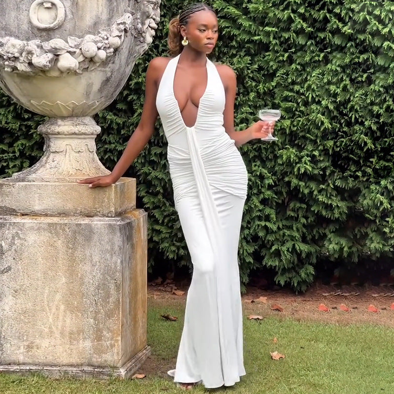 Damen Elegantes Maxikleid mit tiefem Ausschnitt und raffinierten Rüschendetails R&B