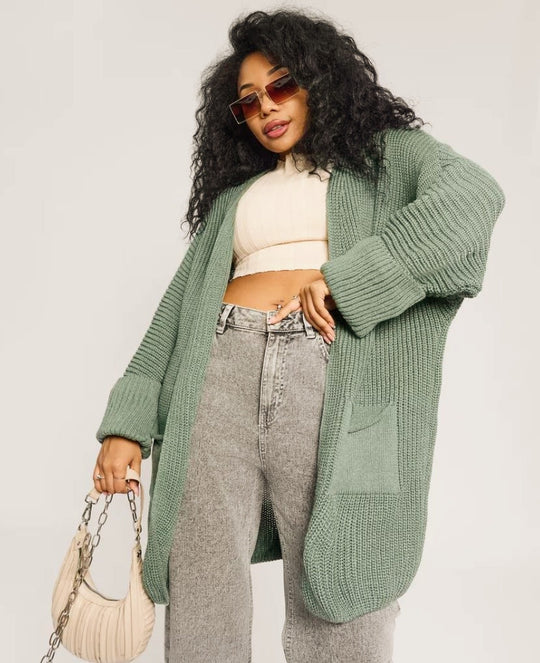 Damen Langer Strickcardigan mit offenen Fronten und praktischen Taschen R&B