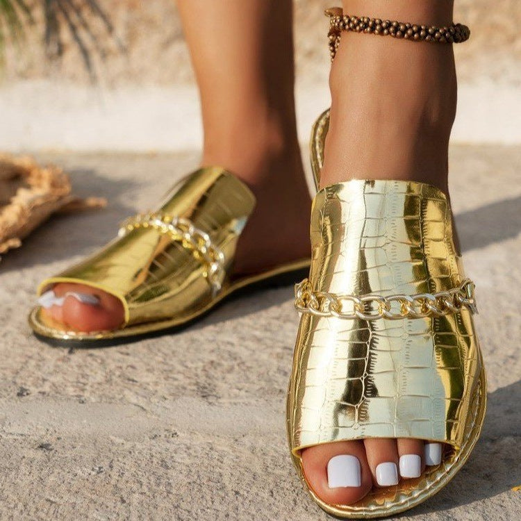 Damen elegante Riemchensandalen mit goldener Kettenverzierung R&B