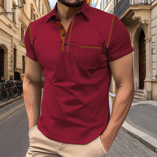 Herren nan Kurzarm-Polo mit Brusttasche, kontrastierender Steppnaht und Hemdkragen R&B