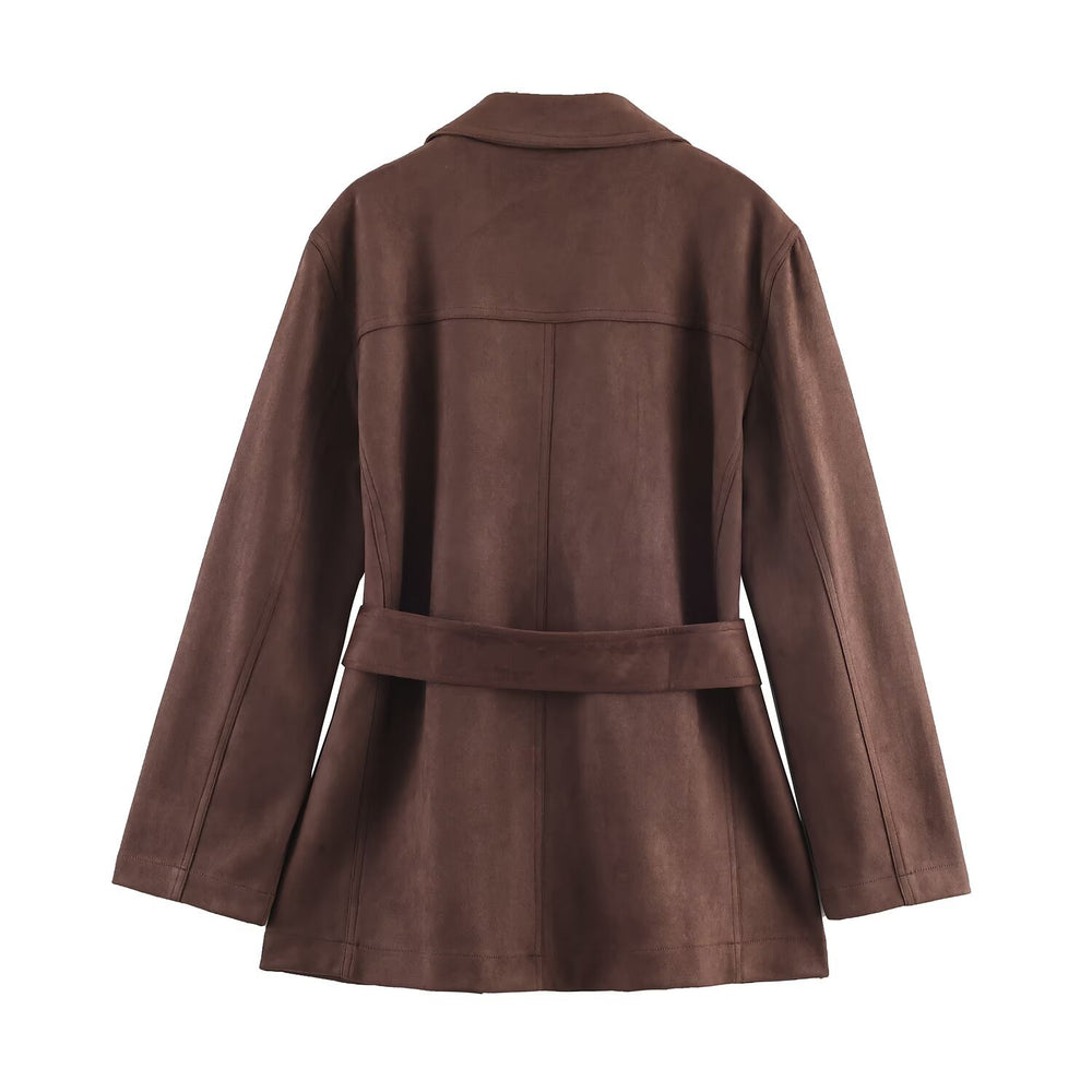 Damen elegante Suede Blazerjacke mit Taillengürtel R&B