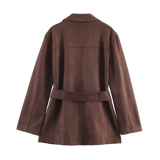 Damen elegante Suede Blazerjacke mit Taillengürtel R&B