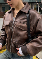 R&B | Distressed Fauxleder Zip-Jacke