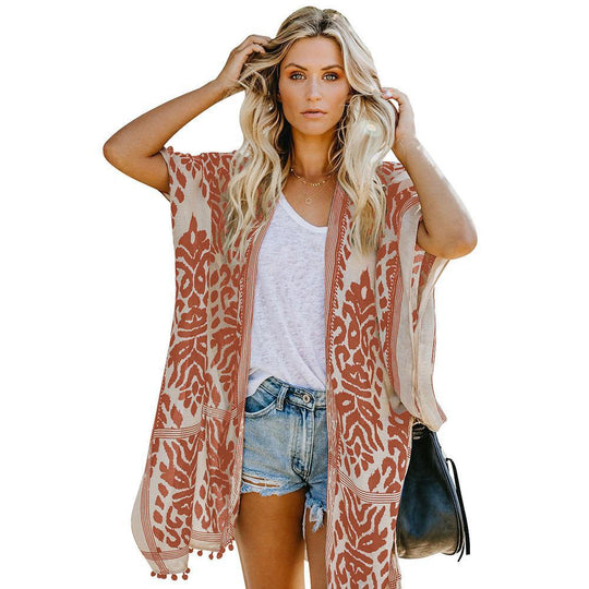 Damen Luftige Kimono-Cardigan mit aufwändigem Muster und fransenbesetzten Saum R&B