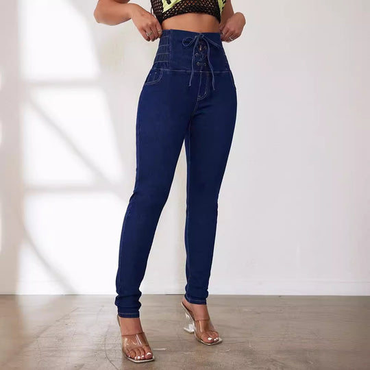 Damen Hochtaillierte Jeans mit verstellbarem Kordelzug und taillierter Passform R&B