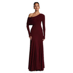 Damen Elegantes Langarm-Maxikleid mit asymmetrischem Drapierungsdetail EB