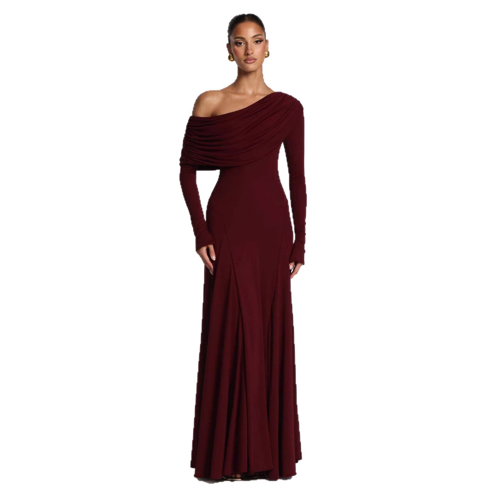 Damen Elegantes Langarm-Maxikleid mit asymmetrischem Drapierungsdetail EB