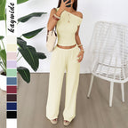 Damen Zweiteiliges Set aus elastischem Rippstoff mit asymmetrischem Top und weitem Hosen R&B