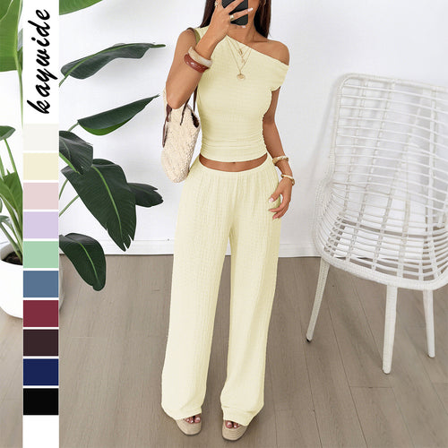 Damen Zweiteiliges Set aus elastischem Rippstoff mit asymmetrischem Top und weitem Hosen R&B