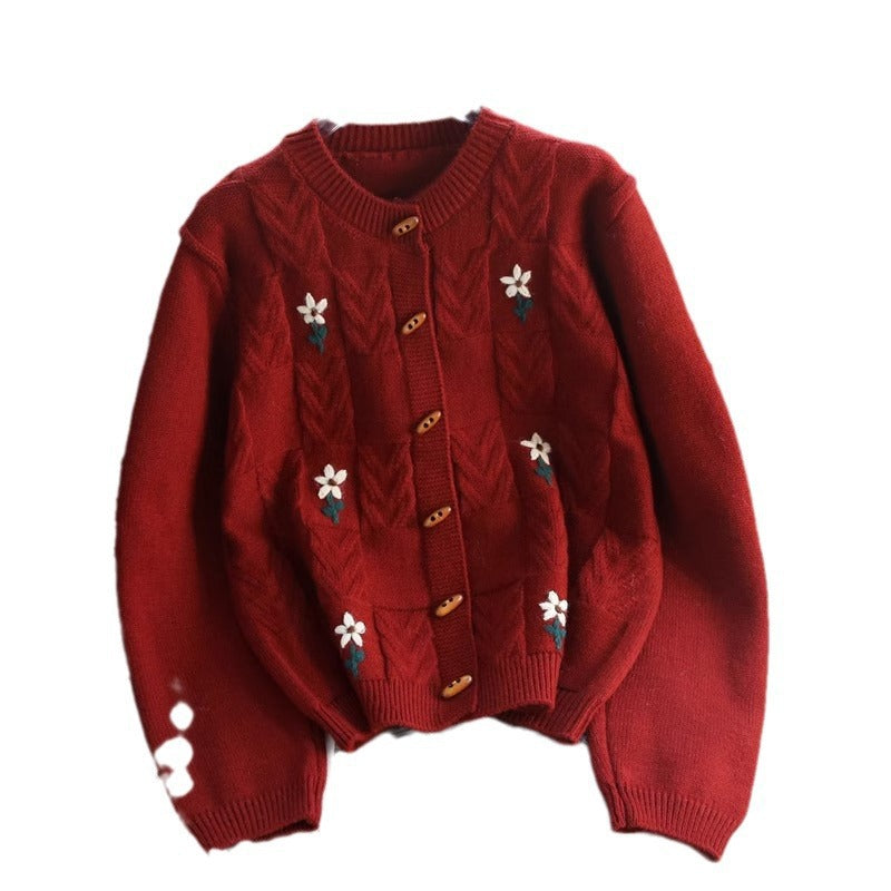 Damen Strickjacke mit floralem Zopfmuster und Holzknöpfen R&B