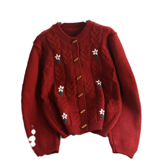 Damen Strickjacke mit floralem Zopfmuster und Holzknöpfen R&B