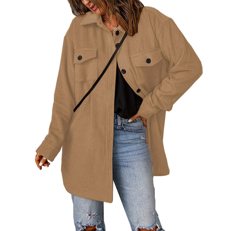 Damen Übergröße Langarm-Hemdjacke mit funktionalen aufgesetzten Taschen und lässigem Schnitt R&B