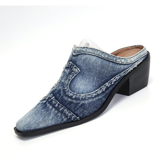 Damen stilvolle Jeans-Pantoletten mit spitzem Zehenbereich und Blockabsatz R&B