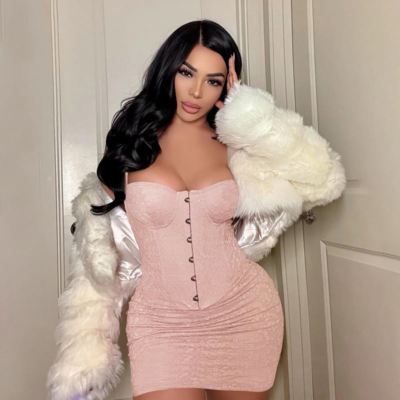 Damen minimalistisches Korsettkleid mit eleganter Knopfleiste und Spitzenakzenten R&B