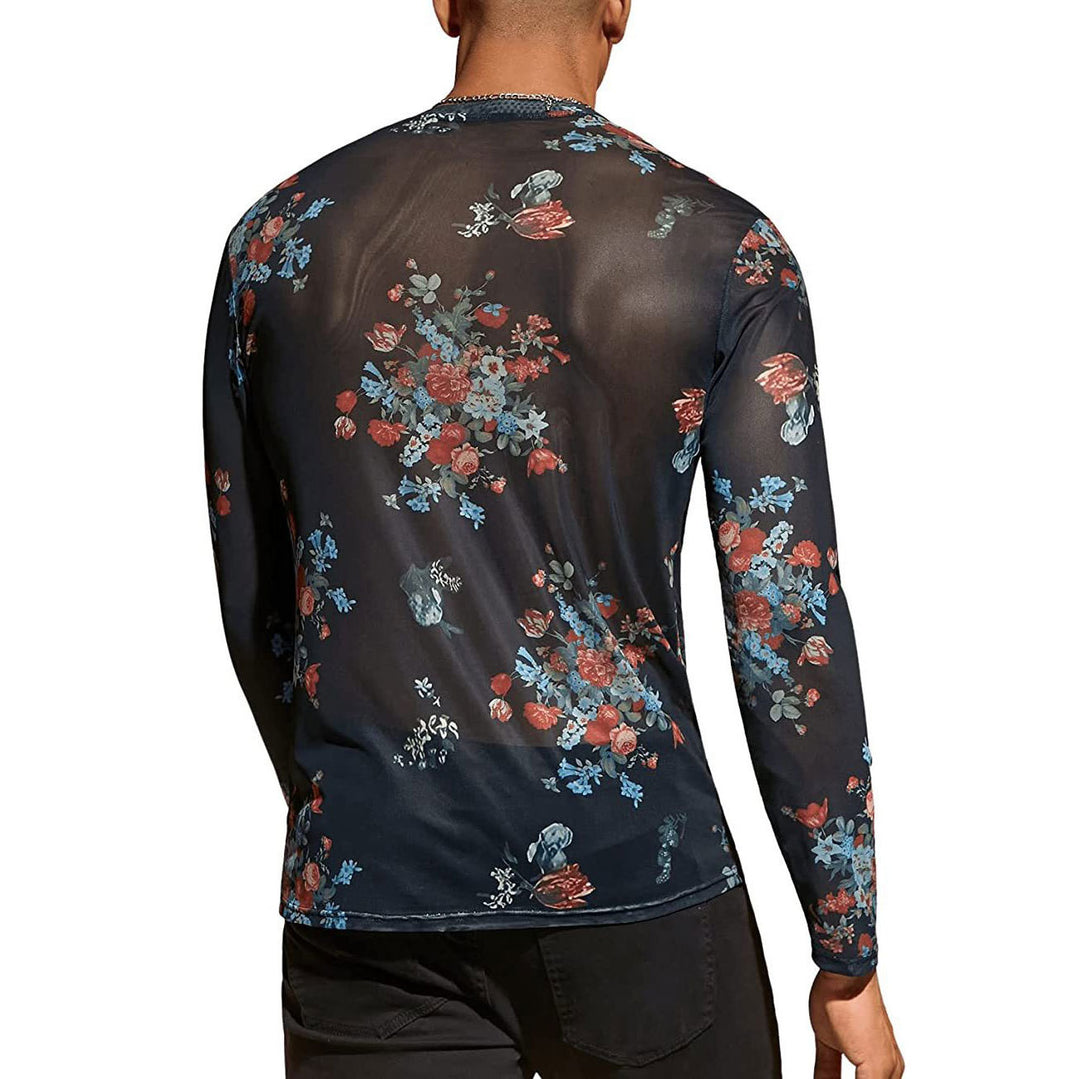 Herren Langarmshirt mit floralem Muster und transparentem Stoff R&B