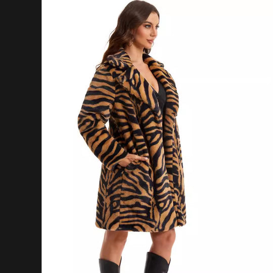 Damen Stylish und flauschiger Kunstfellmantel mit Zebra-Design R&B
