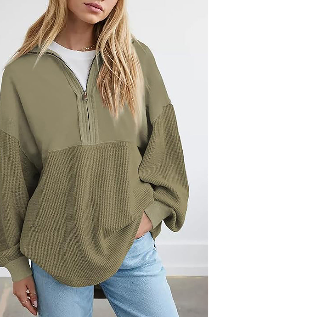 Damen lässiger Kapuzenpullover mit halblangem Reißverschluss und strukturiertem Material R&B