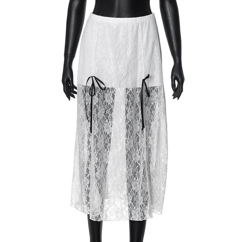 Damen eleganter Spitzenrock mit transparenten Einsätzen und raffinierten Bindebändern R&B