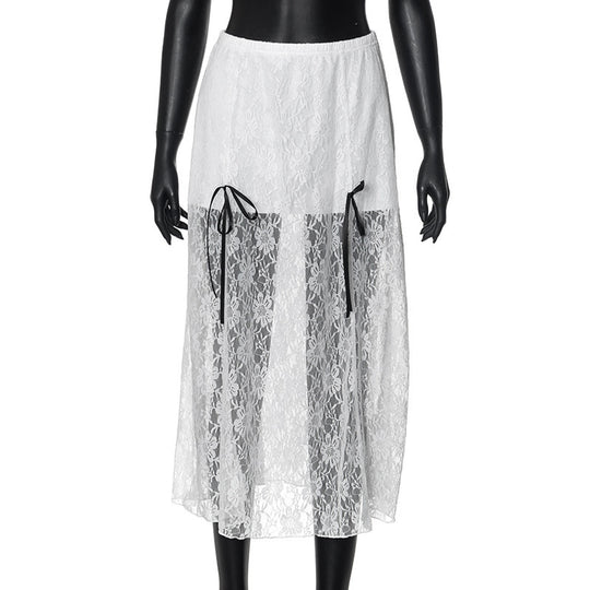 Damen eleganter Spitzenrock mit transparenten Einsätzen und raffinierten Bindebändern R&B