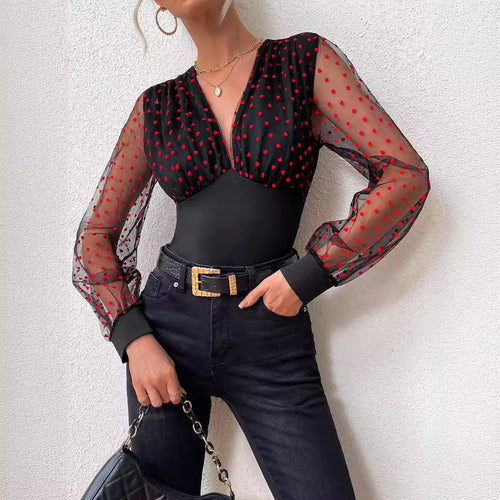 Damen Elegantes Bodysuit mit transparenten Ärmeln und Tupfen-Design R&B