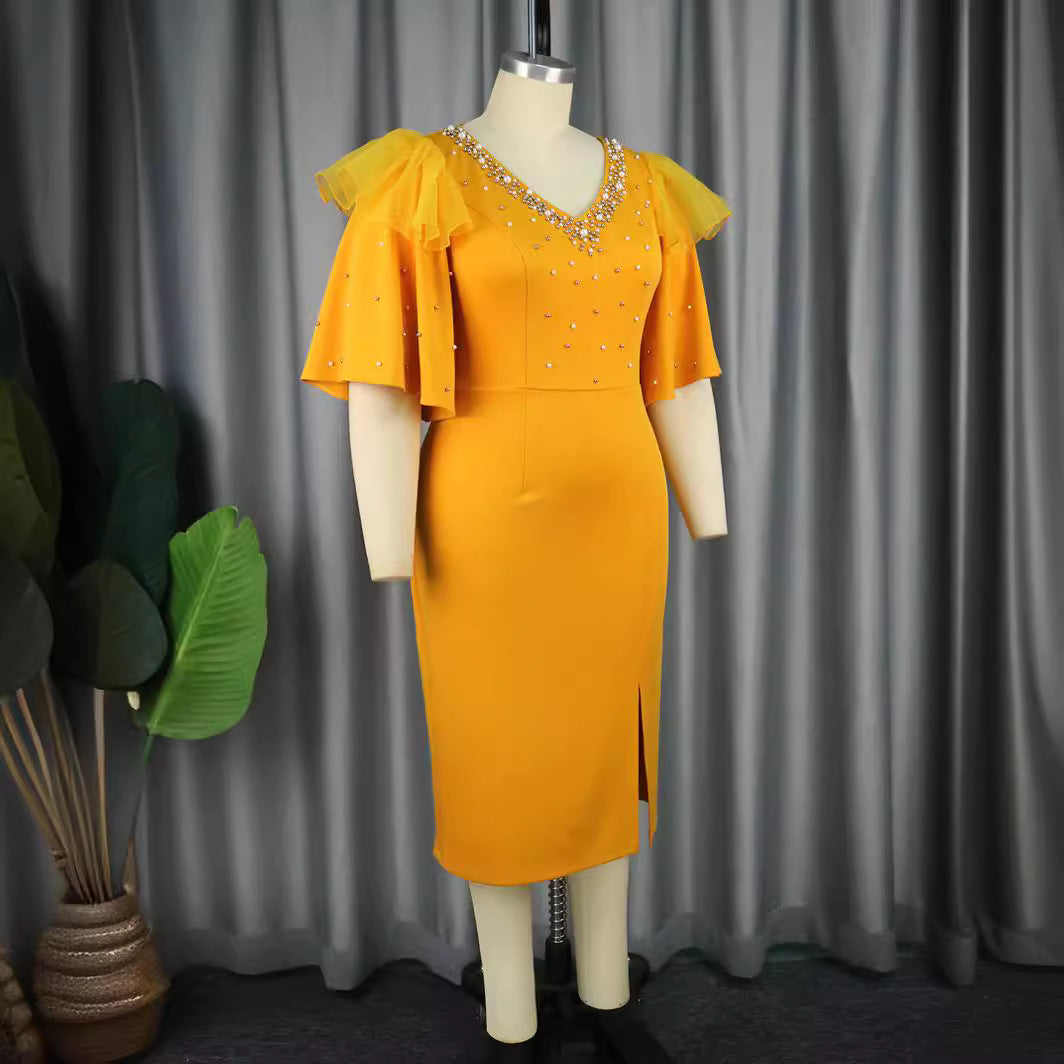 Damen elegantes Schimmerndes Midi-Kleid mit Volantrüsche und Glamourösen Akzenten R&B