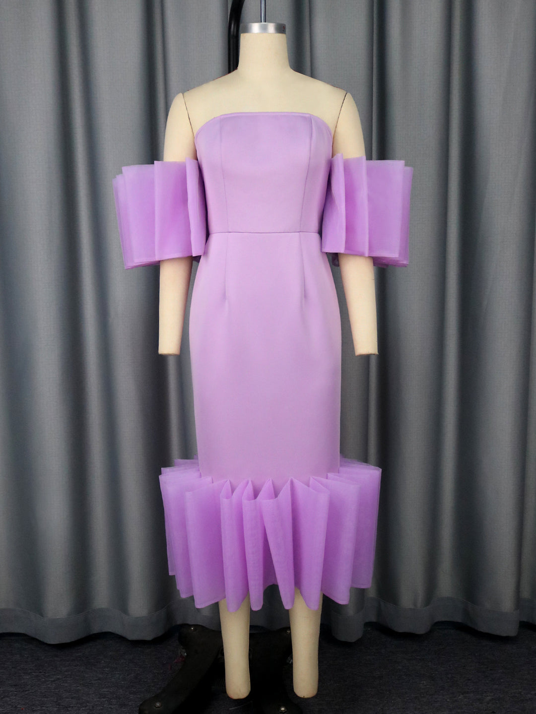 Damen Elegantes Midi-Kleid mit voluminösen Rüschenärmeln und asymmetrischem Saum R&B