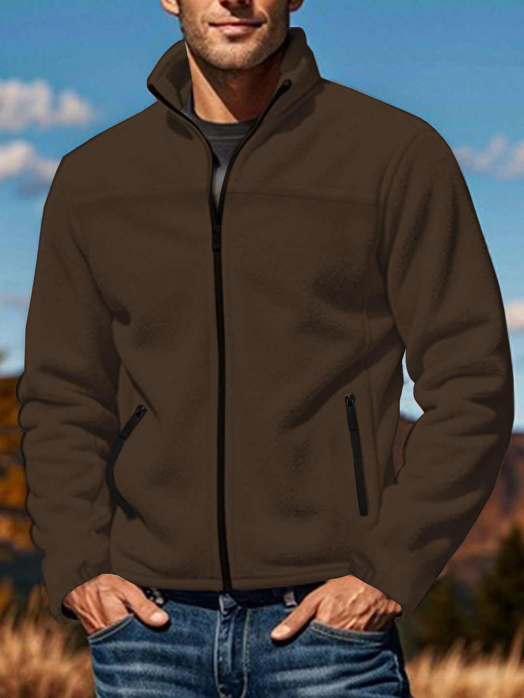 Herren nan warme Fleecejacke mit Reißverschluss, Stehkragen und Reißverschlusstaschen R&B