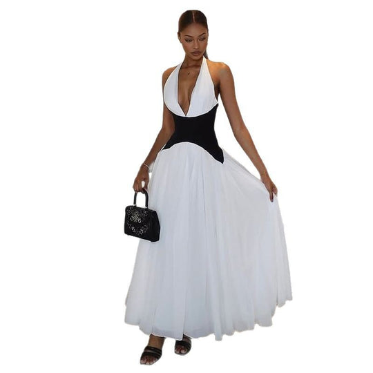 Damen Abendkleid mit tiefem V-Ausschnitt und fließendem Rock R&B