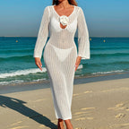 Damen Häkel-Maxikleid mit elegantem V-Ausschnitt und detailverliR&Btem Design R&B