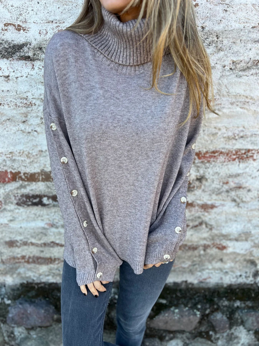Damen kuscheliger Rollkragenpullover mit dekorativen Knöpfen R&B