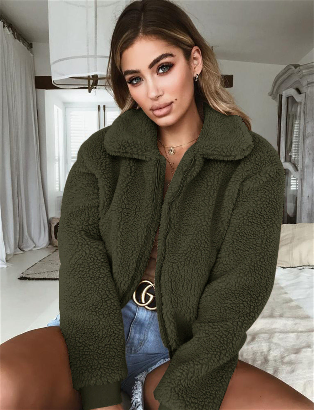 Damen Kuschelige Teddyjacke mit hohem Kragen R&B