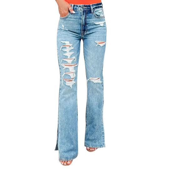 Damen Flared Jeans mit Distressed-Effekten und seitlichen Schlitzen R&B