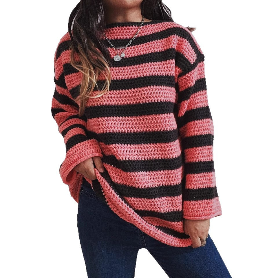 Damen lässiger Strickpullover mit kontrastierenden Streifen und weitem Schnitt R&B