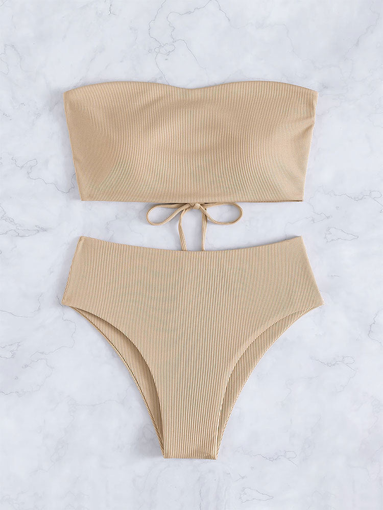 Damen Bandeau-Bikini mit hohem Bund und feinen Streifen R&B