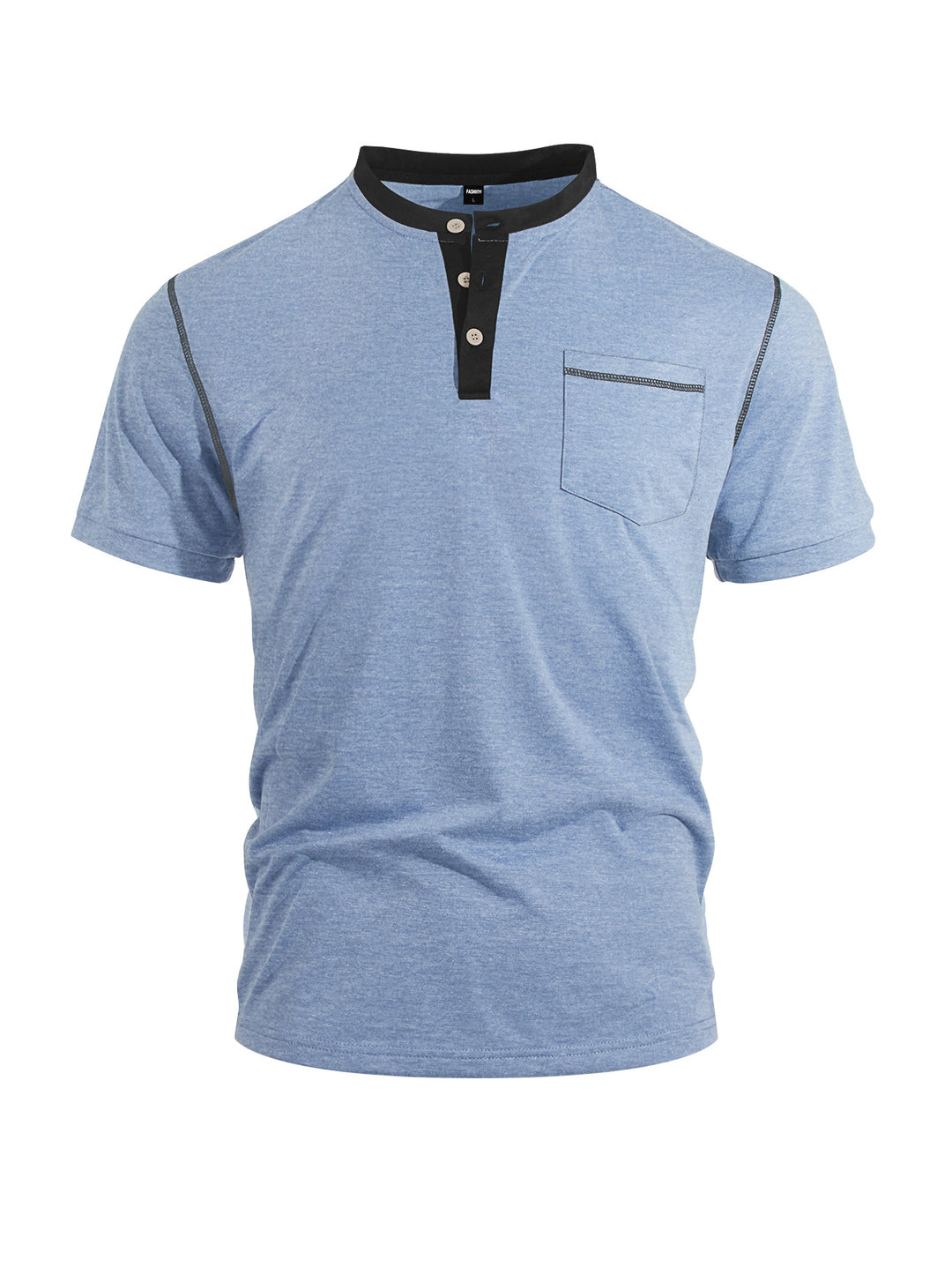 Herren nan legeres Kurzarm-Bandkragenshirt mit Knopfleiste Brusttasche und Flatlocknähten R&B
