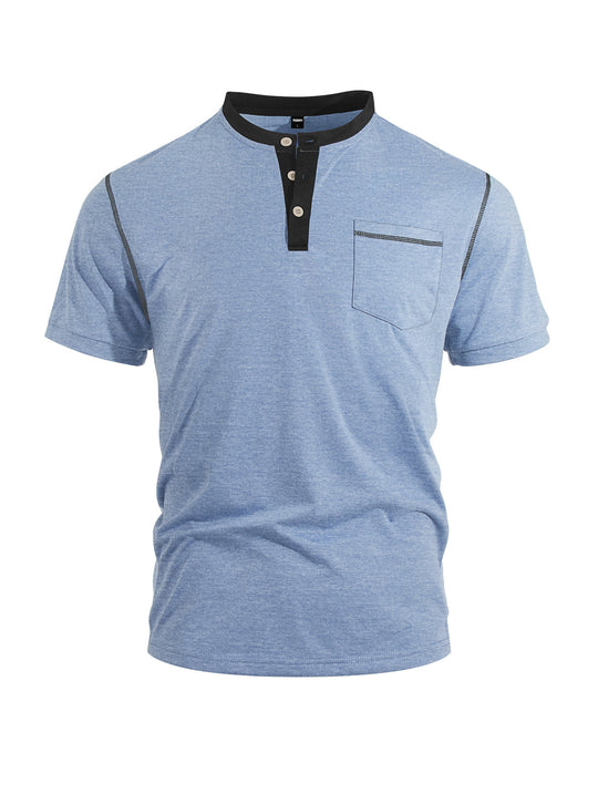 Herren nan legeres Kurzarm-Bandkragenshirt mit Knopfleiste Brusttasche und Flatlocknähten R&B