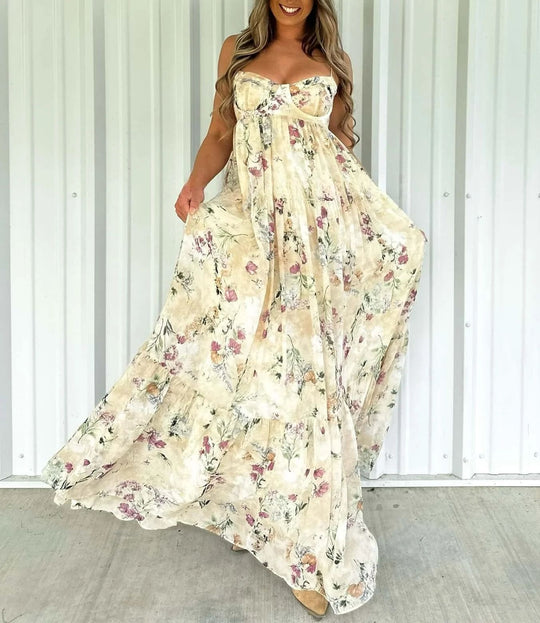 Damen nan trägerloses Korsagen-Maxikleid mit Herzausschnitt, gestuftem Volantrock und nostalgischem Toilemotiv R&B