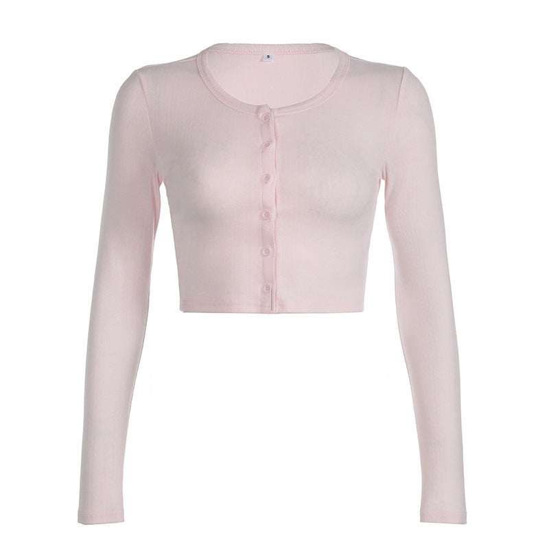 Damen Langarm-Crop-Top mit Knopfleiste und weichem Material R&B