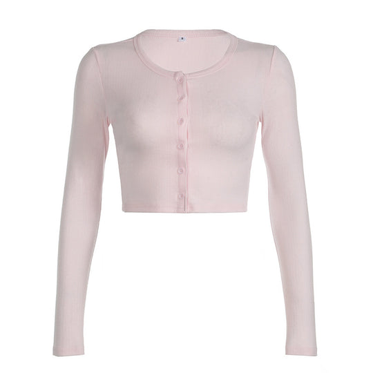 Damen Langarm-Crop-Top mit Knopfleiste und weichem Material R&B