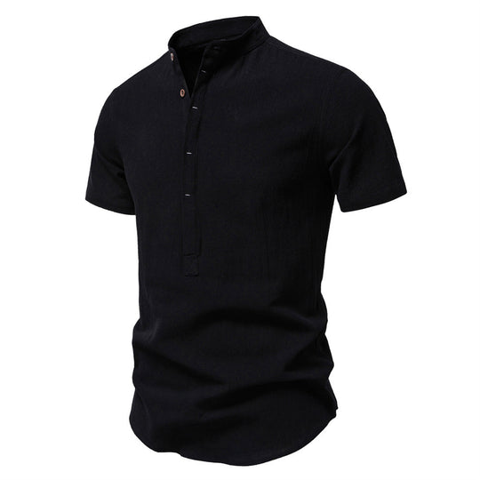 Herren nan lässiges Kurzarmshirt mit Stehkragen, halber Knopfleiste und leicht strukturierter Baumwoll-Leinen-Qualität R&B