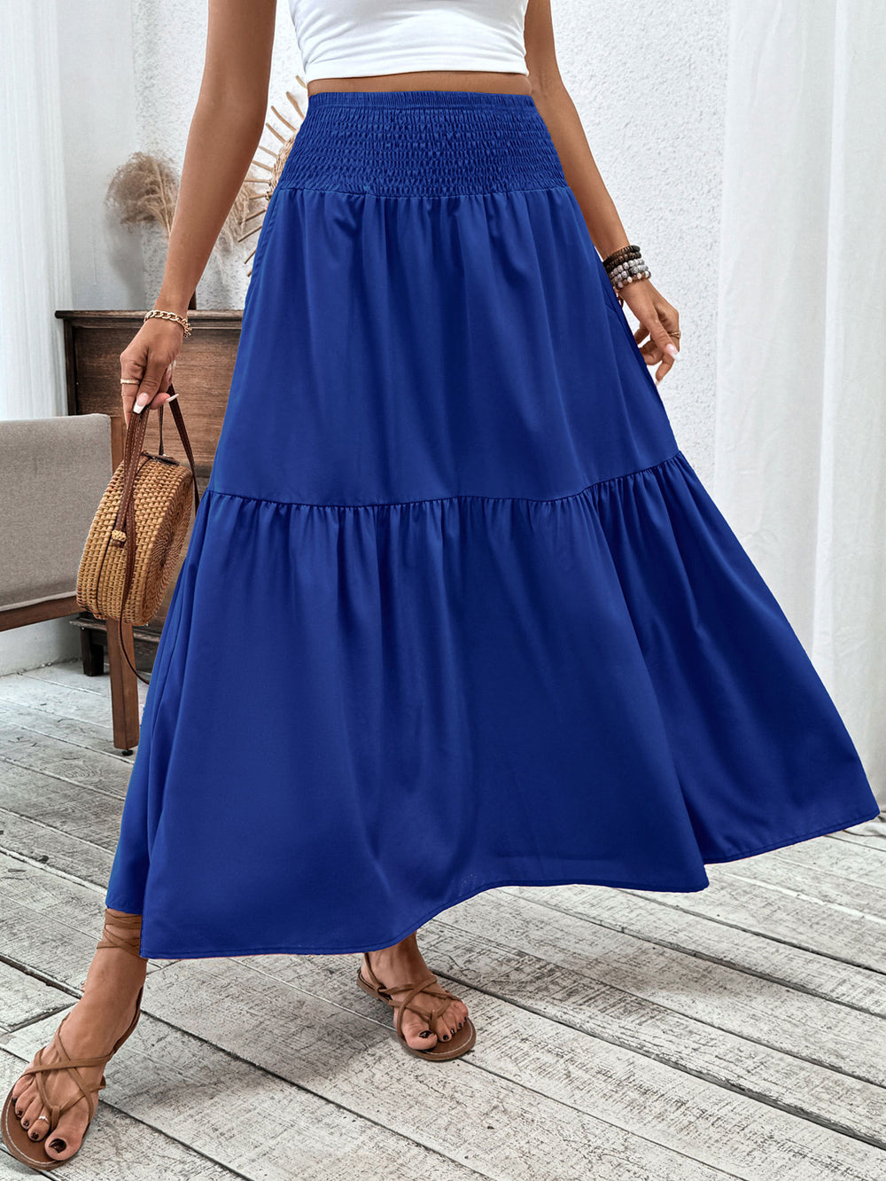 Damen Langer Rock mit floralem Print und elastischem Bund Heidi Mode