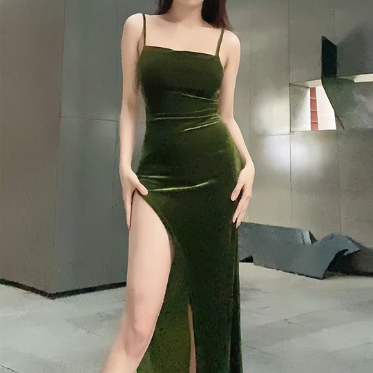 Damen Elegantes Stoff-Maxikleid mit seitlichem Schlitzausschnitt und schmalen Trägern R&B