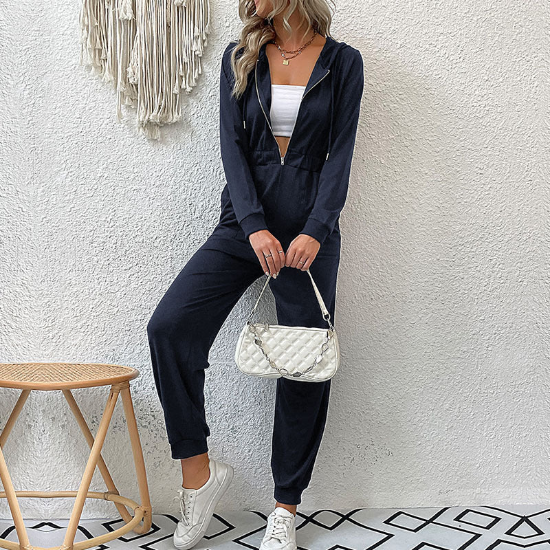 Damen lässiger Jumpsuit mit praktischem Reißverschluss und elastischem Taillenband R&B